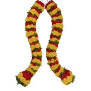 GetFlowersDaily - Open Garland Yellow chrysanthemum, Red Roses & Panner Leaves - 2.5ft