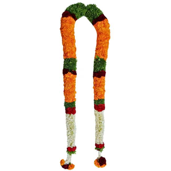 Pooja Garland - Orange Marigold with Tubrose , Paneer Leaf & Merable Rose Garland - 3ft