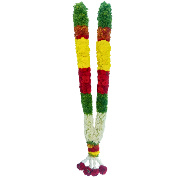 Tuberose with Paneer Leaf , Yellow Chrysanthemum , Merable Rose & Chocolate Chrysanthemum Flowers Garland - 4.5ft