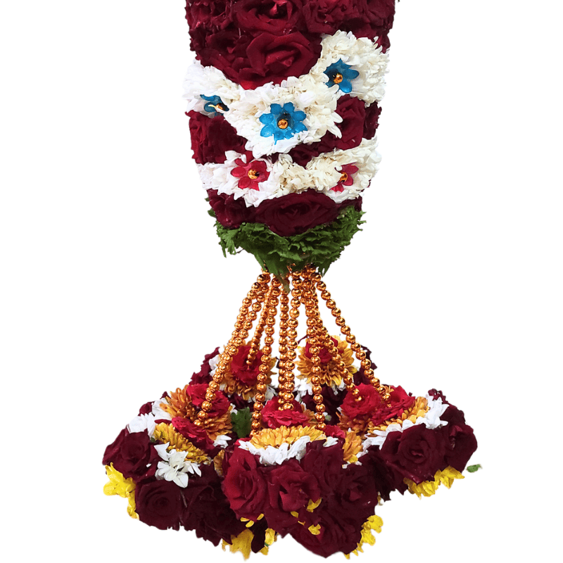 VIP Garland - White Chrysanthemum with Merable Rose & Paneer Leaves , Blue & Pink Star patch Garland VIP Garland - White Chrysanthemum with Merable Rose & Paneer Leaves , Blue & Pink Star patch Garland