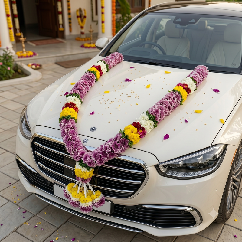 Purple Chrysanthemum car garland with white, yellow, and green border, perfect for wedding car decoration, 5ft long.