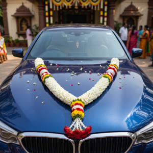 White Chrysanthemum Ball Garland with Red, Green and Yellow Border 5ft - Car Garland