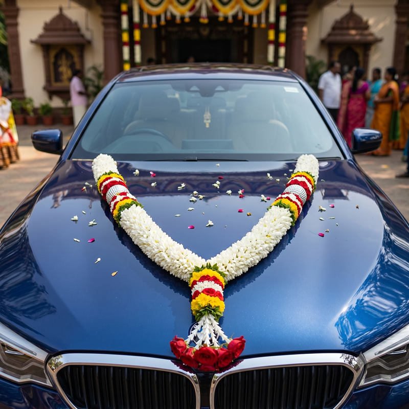 White Chrysanthemum Ball Garland with Red, Green and Yellow Border 5ft - Car Garland