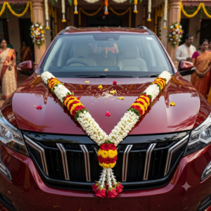 Car Garland - White-Chrysanthemum-Garland-with-Red-Green-and-Yellow-Border-5ft