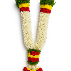 A 2ft garland featuring tuberose, rose, yellow chrysanthemum, and panner leaves, ideal for pooja and weddings.