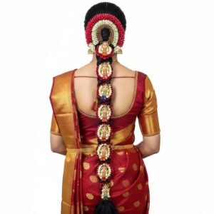Meenakshi Doll Jade Billia with Nandavanam Gajra (White,Gold,Red) Bridal Set