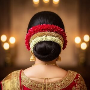 Red Rose Petal with Gold & White Gajra Set - 25cm Length