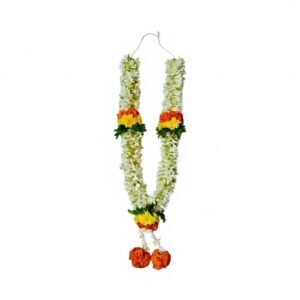 A 1.5ft Tuberose Needle Garland with an Orange Rose Border, ideal for pooja ceremonies and traditional celebrations.
